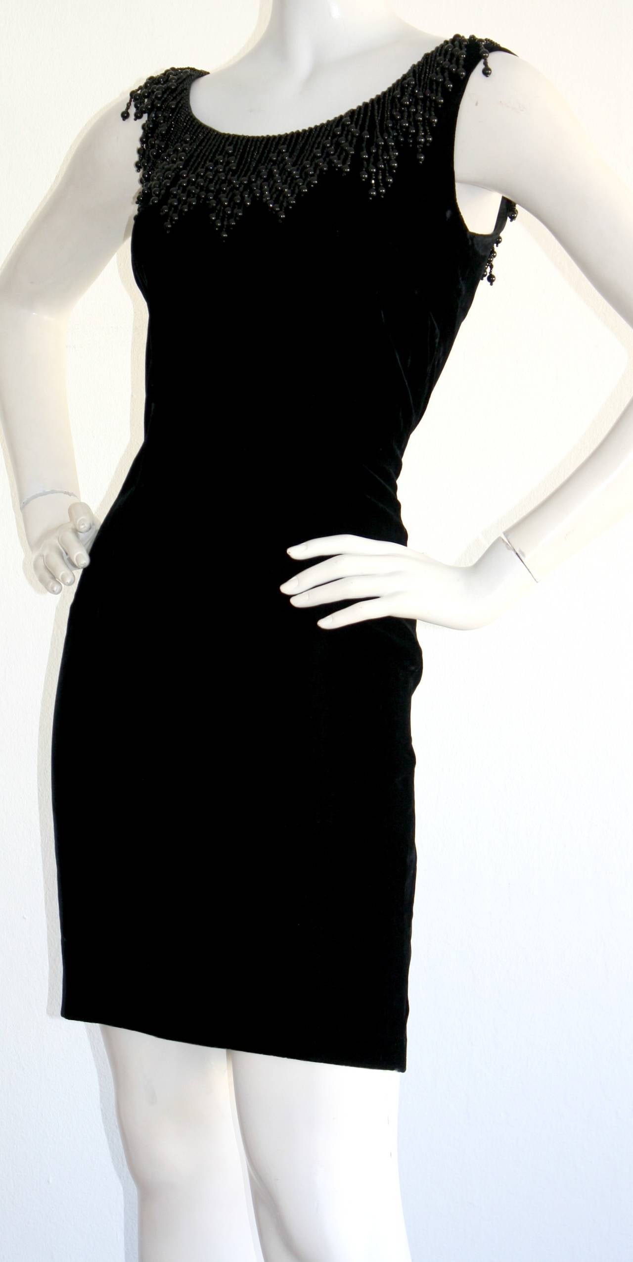 Wonderful 1990s Vintage Katherine Hamnett Black Velvet Wiggle Dress w/ Beads For Sale 2