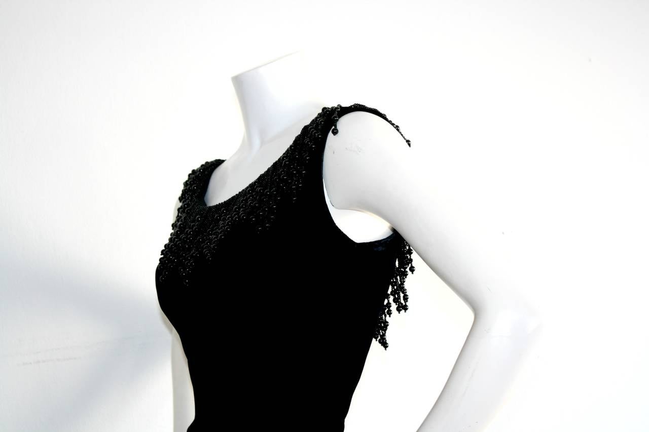 Wonderful 1990s Vintage Katherine Hamnett Black Velvet Wiggle Dress w/ Beads For Sale 1