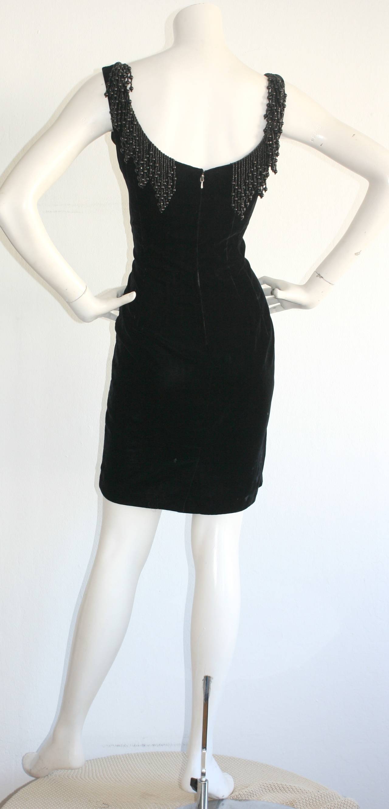 Women's Wonderful 1990s Vintage Katherine Hamnett Black Velvet Wiggle Dress w/ Beads For Sale