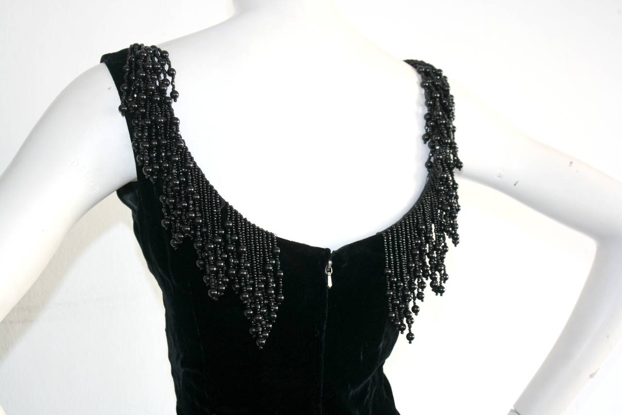 Wonderful 1990s Vintage Katherine Hamnett Black Velvet Wiggle Dress w/ Beads For Sale 4