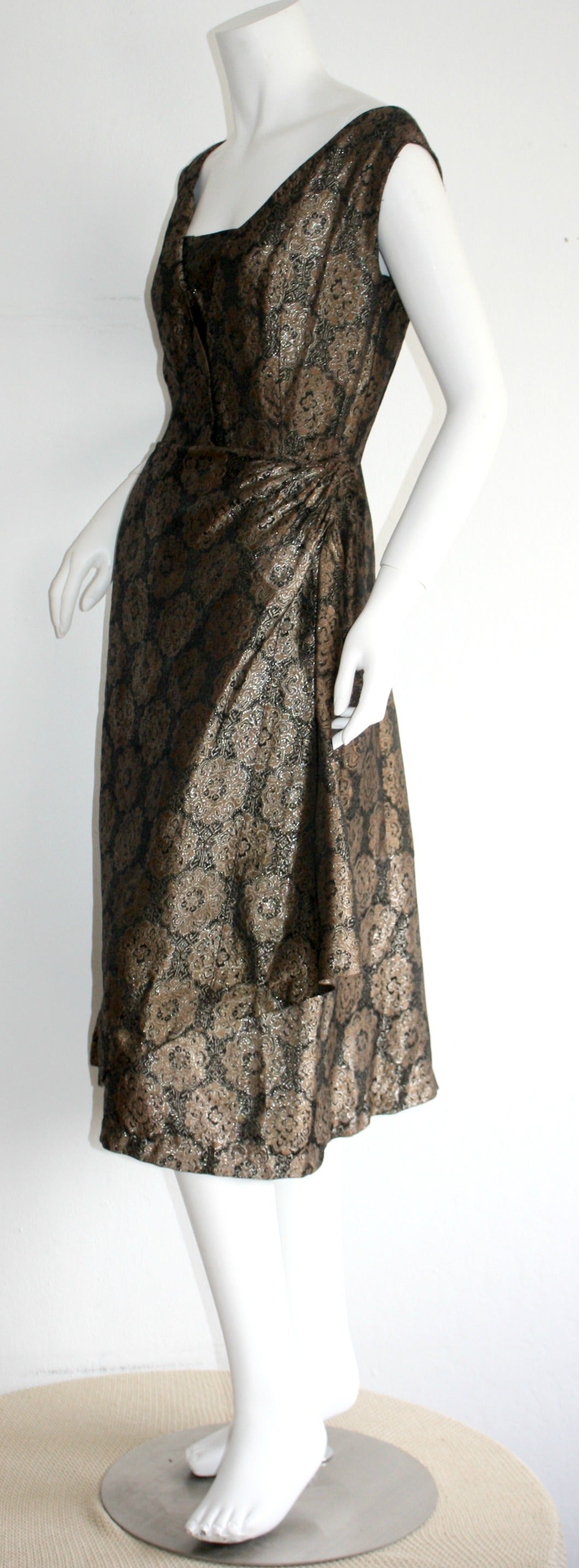 1950s Vintage Nina Ricci Black and Brown Medallion Spiral Silk 50s Dress 1