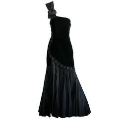 Stunning 1940s Vintage Black Velvet One - Shoulder Bow Gown w/ Accordian Hem