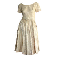 1950s Gigi Young Ivory Floral Silk Dress w/ Belt and Full Skirt