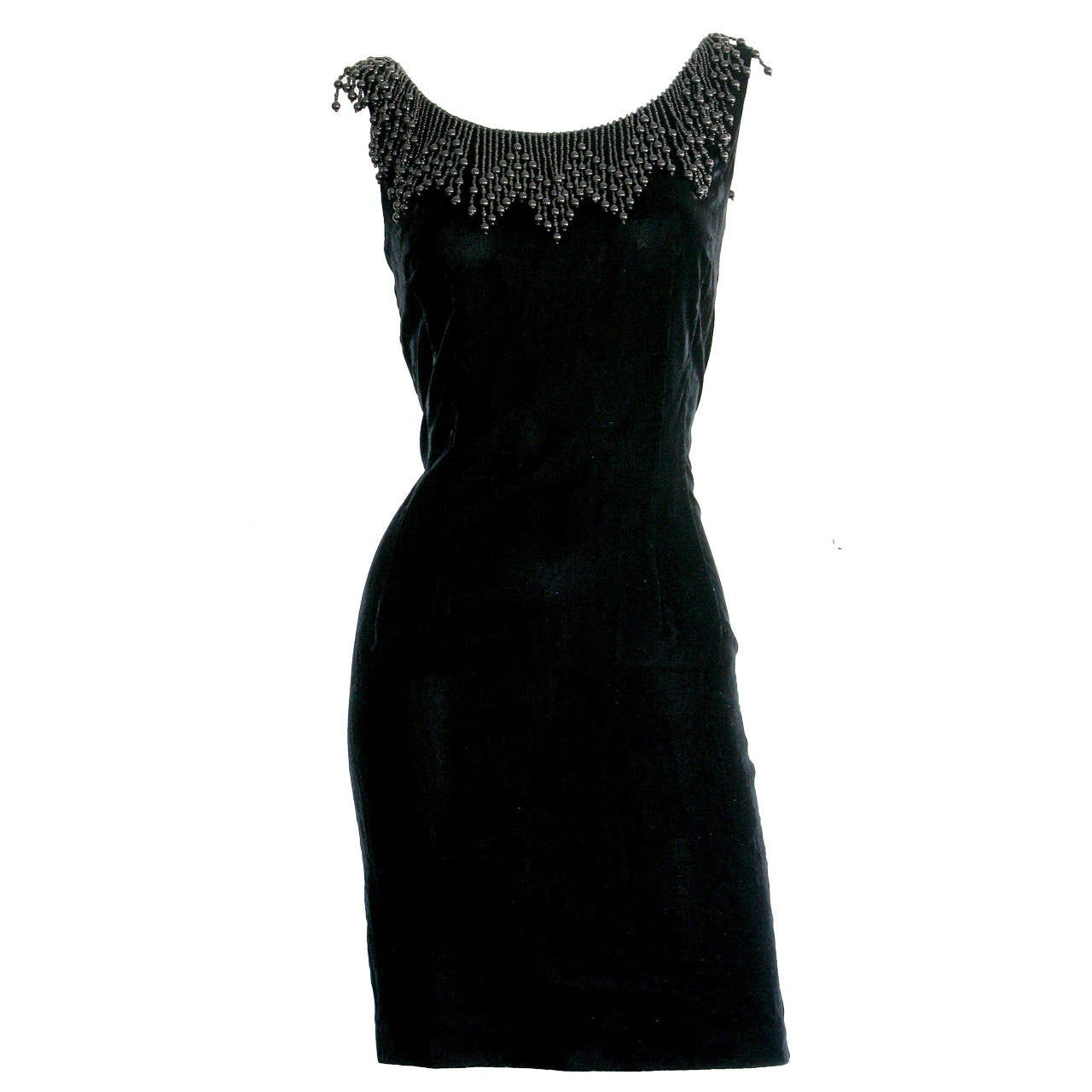 Wonderful 1990s Vintage Katherine Hamnett Black Velvet Wiggle Dress w/ Beads For Sale