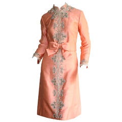 Stunning 1960s Raw Silk Pink A-Line Dress w/ Pearls and Rhinestones