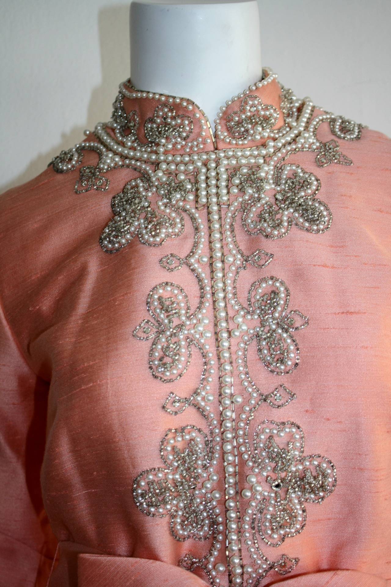 Stunning 1960s Raw Silk Pink A-Line Dress w/ Pearls and Rhinestones