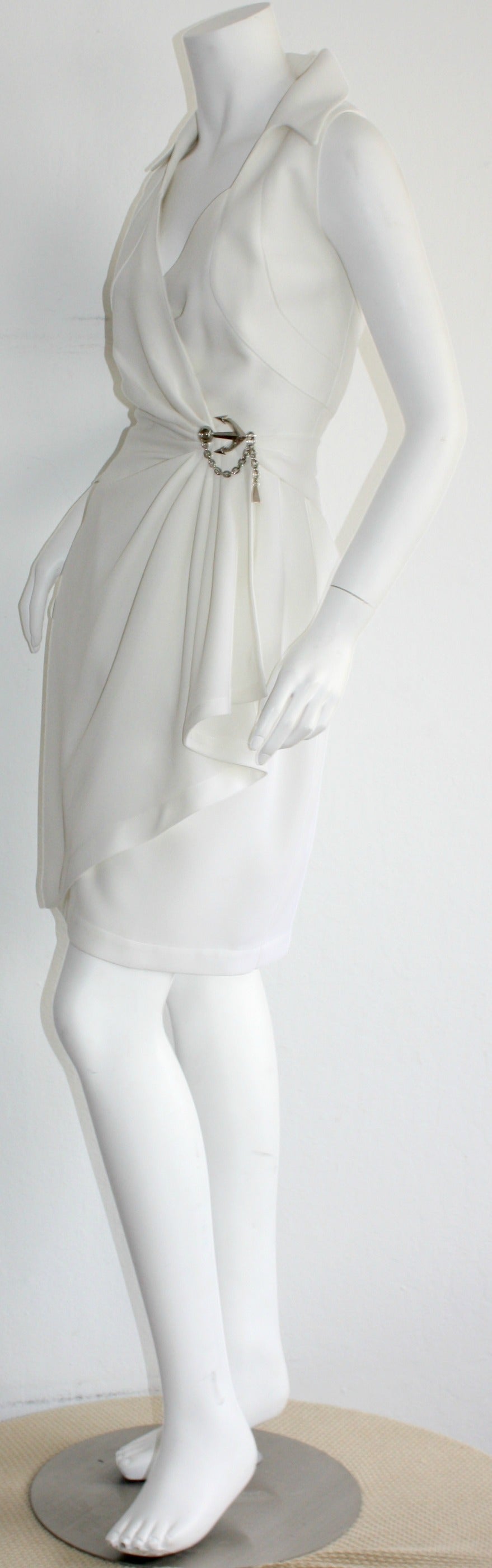 Women's 1990s Vintage Thierry Mugler White Wrap Dress w/ Anchor Chain Detail Avant Garde