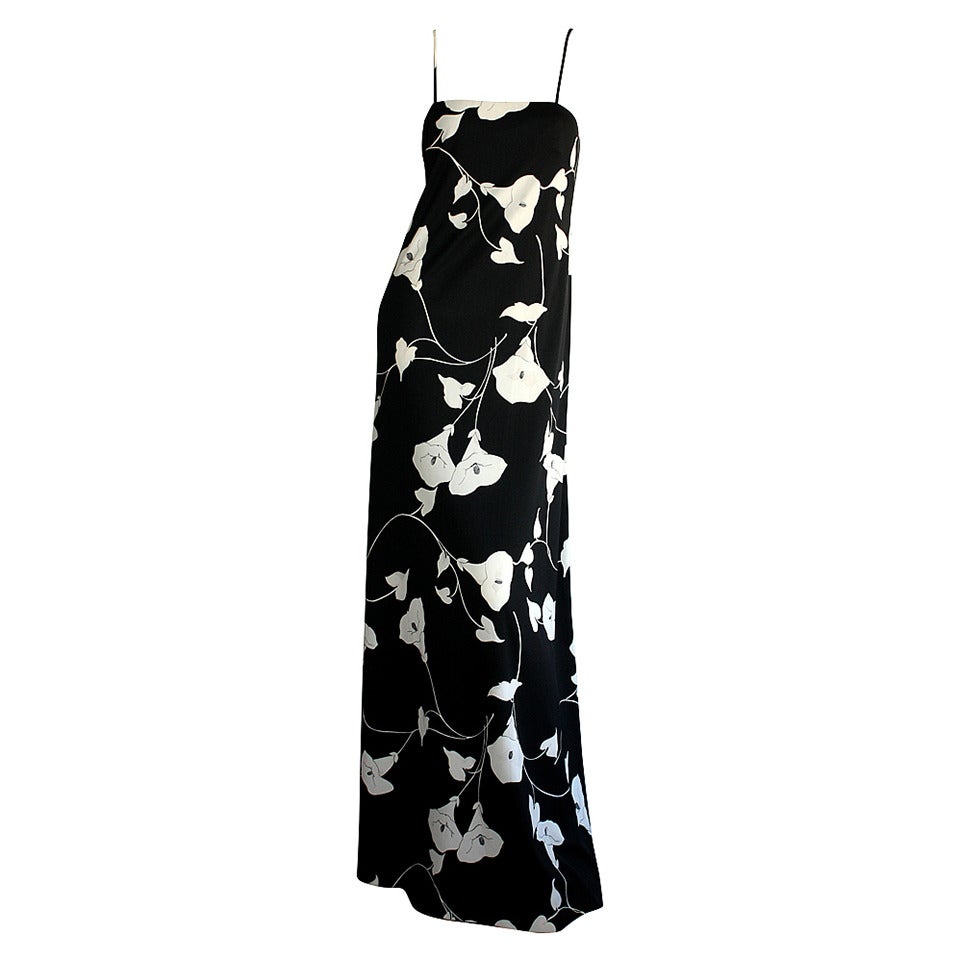 Estevez 1970s Black and White Lily Flower Print Vintage Jersey Gown Maxi Dress