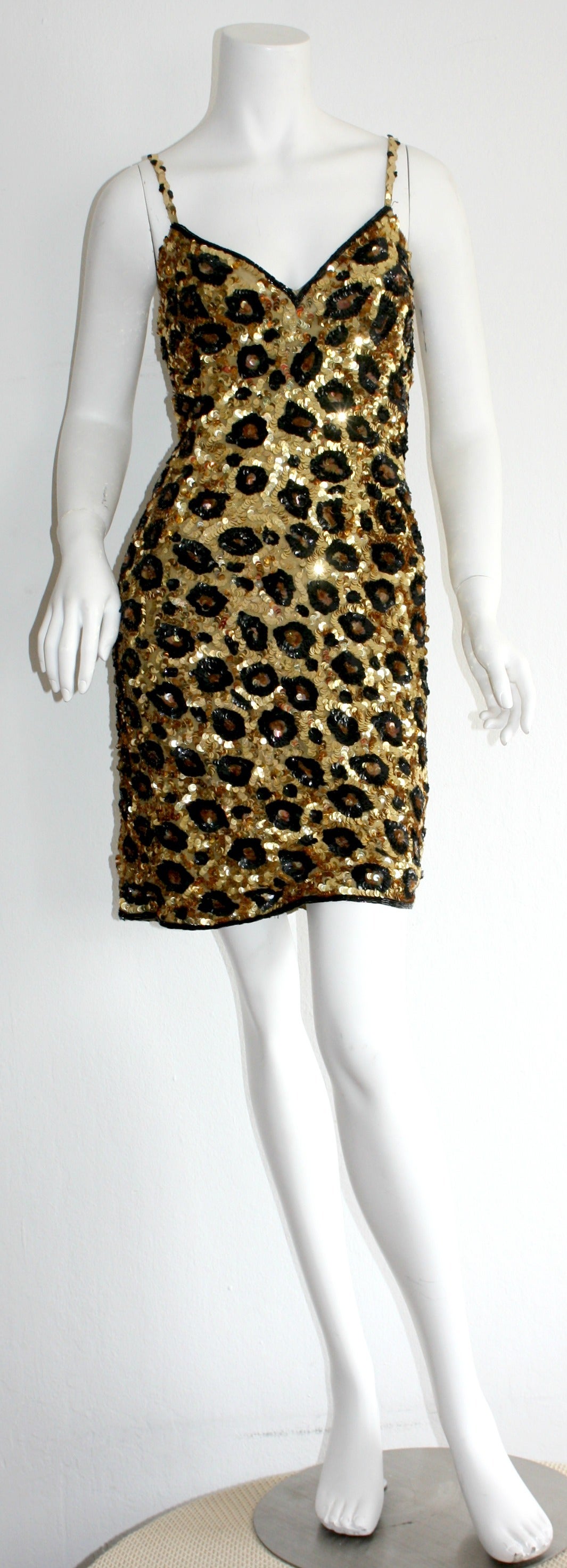 Sexy vintage early 1990s Jennifer Bawden one-of-a-kind leopard sequin mini dress!!! Bawden was a sought-after designer in the early 1990s, with several 