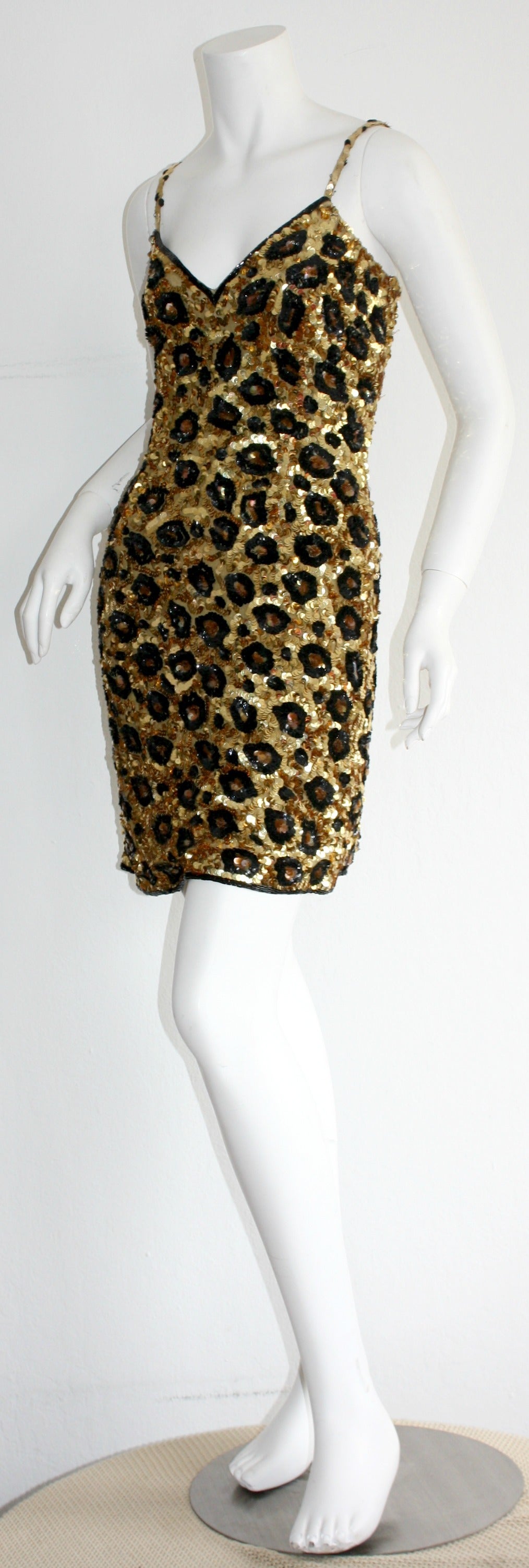 Black Incredible Rare Vintage Jennifer Bawden Leopard 1990s BodCon Silk Sequin Dress 