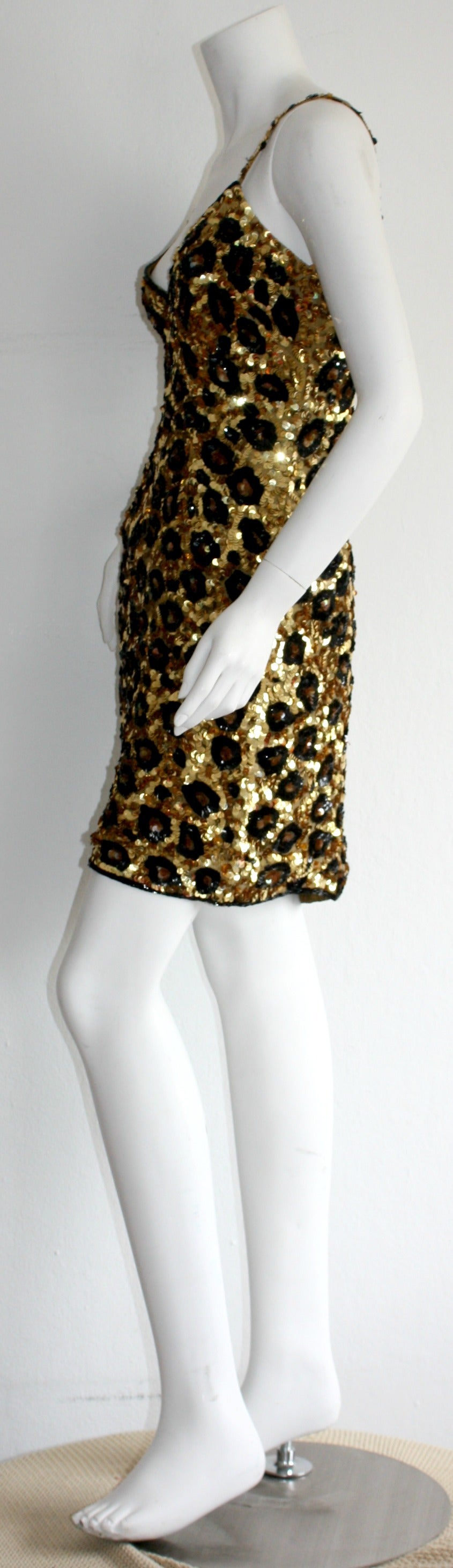 Incredible Rare Vintage Jennifer Bawden Leopard 1990s BodCon Silk Sequin Dress  In Excellent Condition In San Diego, CA