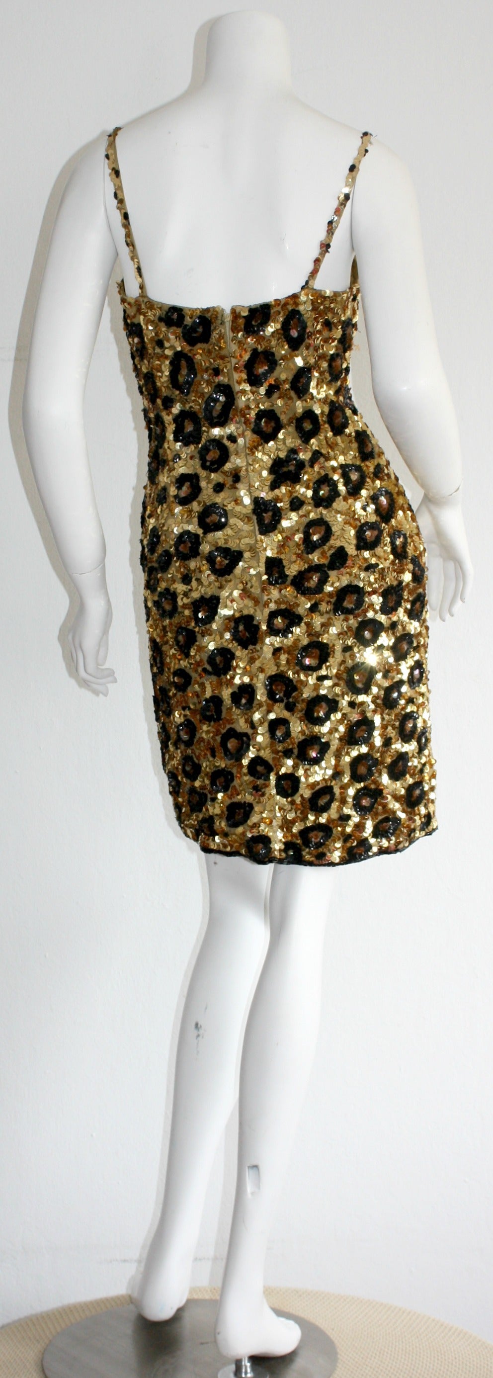 Women's Incredible Rare Vintage Jennifer Bawden Leopard 1990s BodCon Silk Sequin Dress 