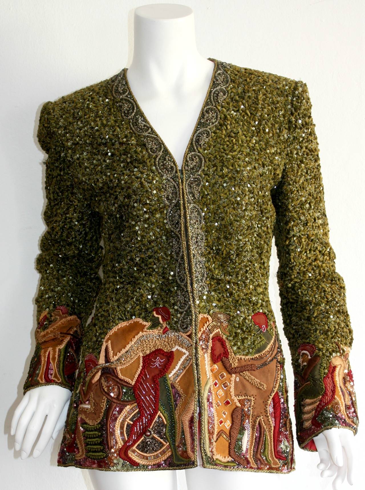 Incredible vintage Mary McFadden fully beaded jacket! Intricate design. Fully lined. Marked Size US 8

Measurements:
38 inch bust
31 inch waist