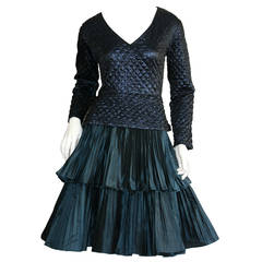 Bernard Perris Beautiful Navy Blue Metallic Quilted Accordion Tiered Dress