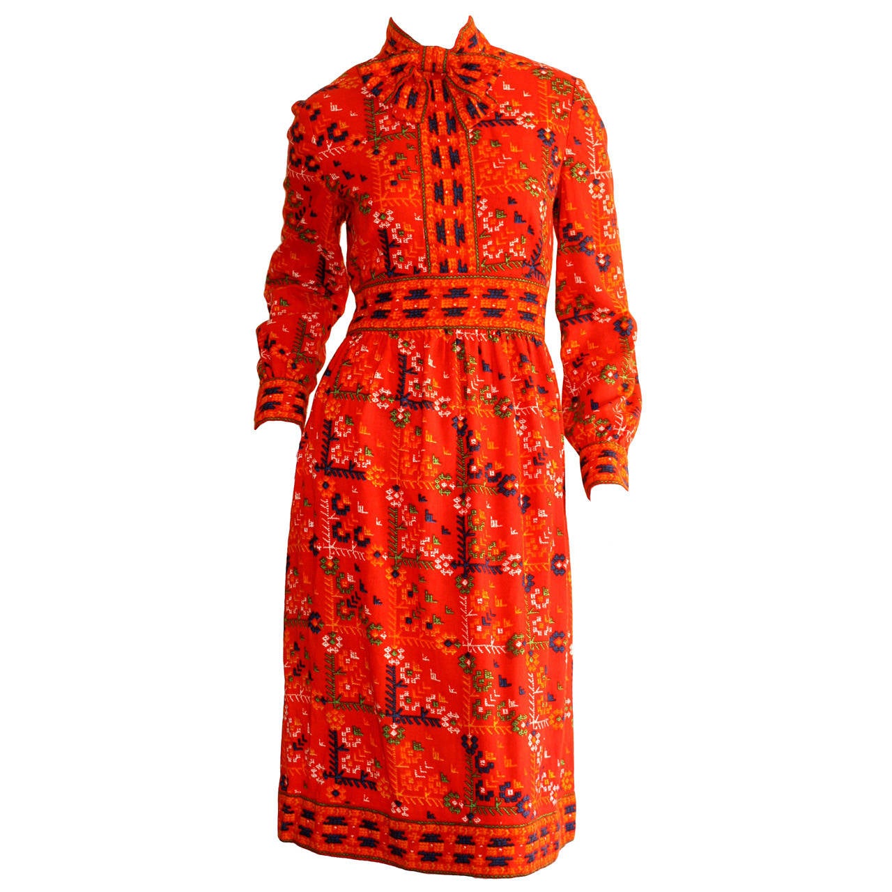 Mollie Parnis 1960s Vintage ' Pussycat ' Red Tribal Bow Dress For Sale