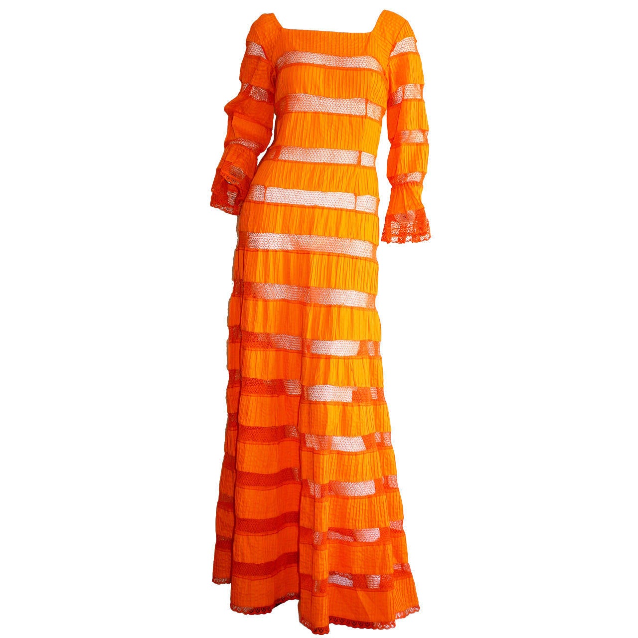 Tachi Castillo Vintage 1970s Orange Cotton Crochet Mexican Maxi Dress