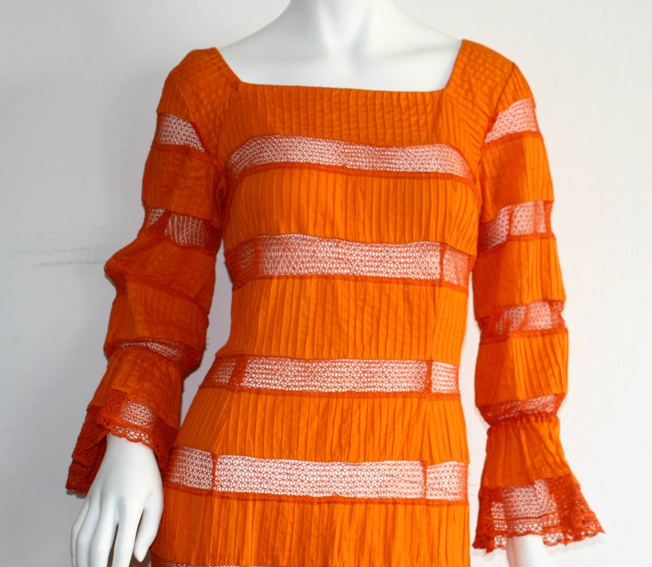 Tachi Castillo Vintage 1970s Orange Cotton Crochet Mexican Maxi Dress In Excellent Condition In San Diego, CA