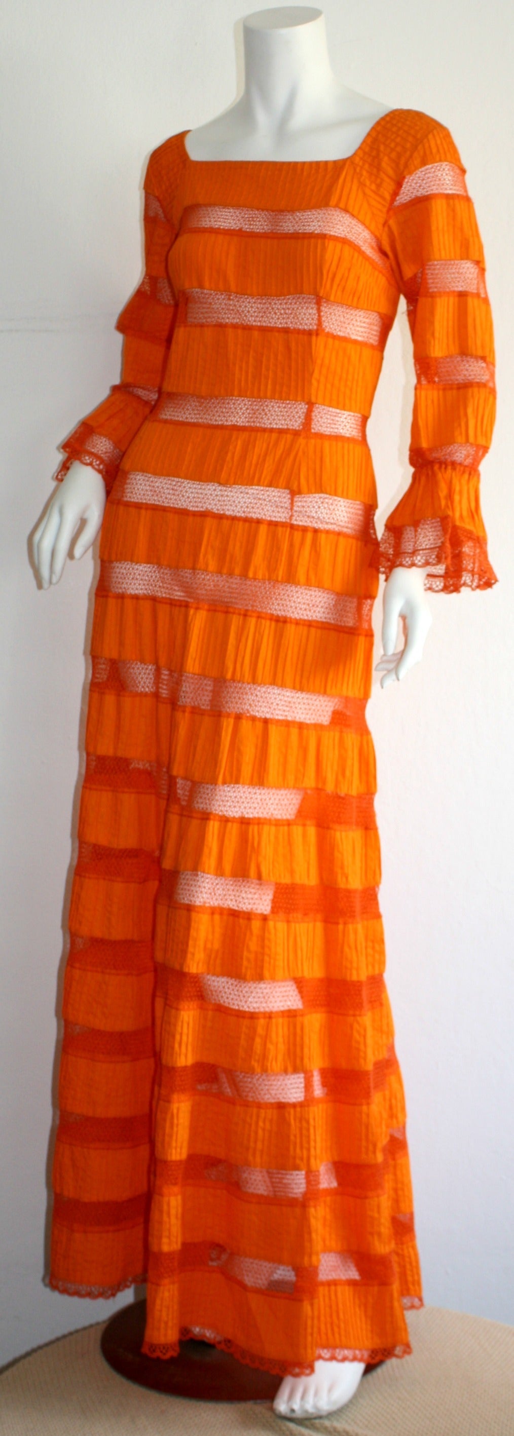 Women's Tachi Castillo Vintage 1970s Orange Cotton Crochet Mexican Maxi Dress