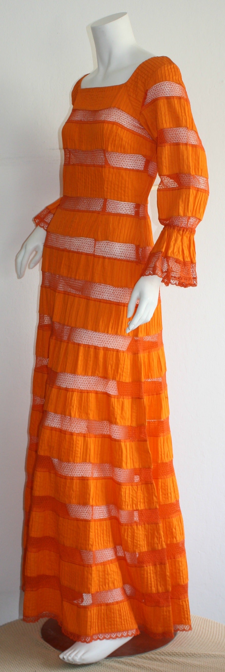 Tachi Castillo Vintage 1970s Orange Cotton Crochet Mexican Maxi Dress 1