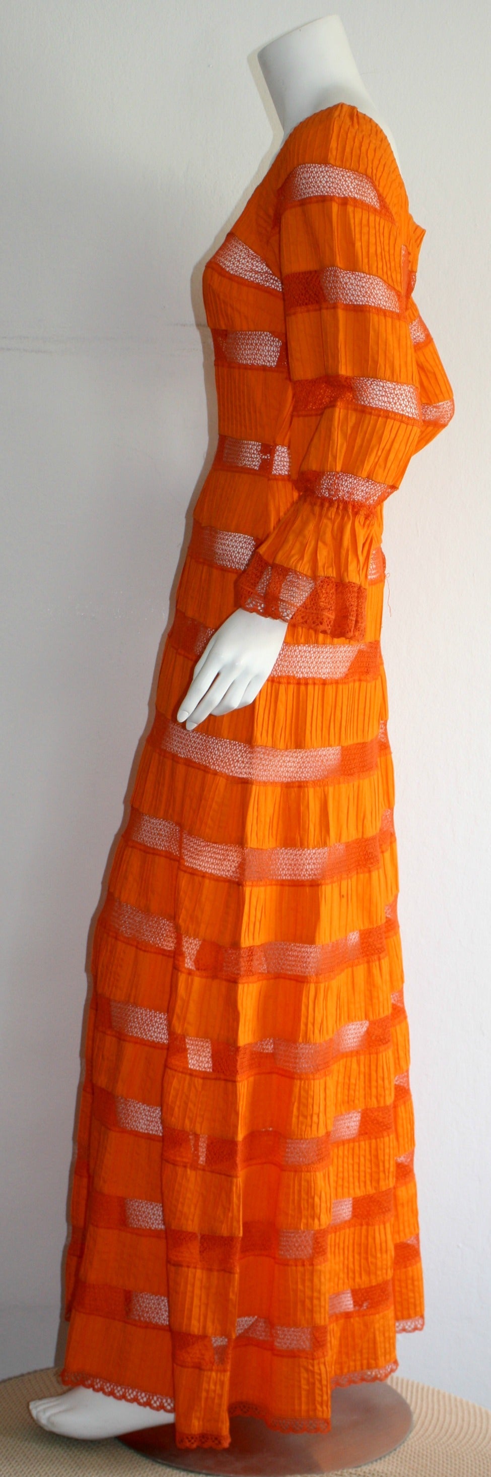 Tachi Castillo Vintage 1970s Orange Cotton Crochet Mexican Maxi Dress 2