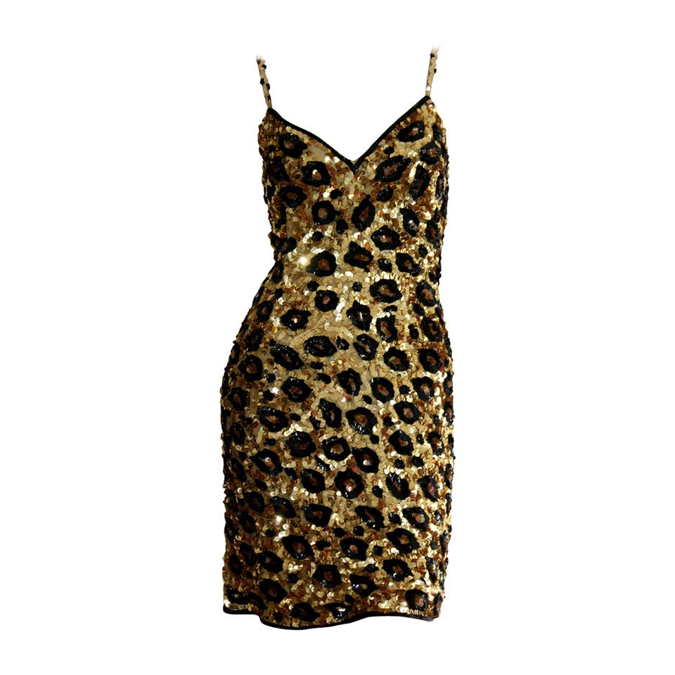 Incredible Rare Vintage Jennifer Bawden Leopard 1990s BodCon Silk Sequin Dress 