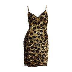 Incredible Rare Vintage Jennifer Bawden Leopard 1990s BodCon Silk Sequin Dress 
