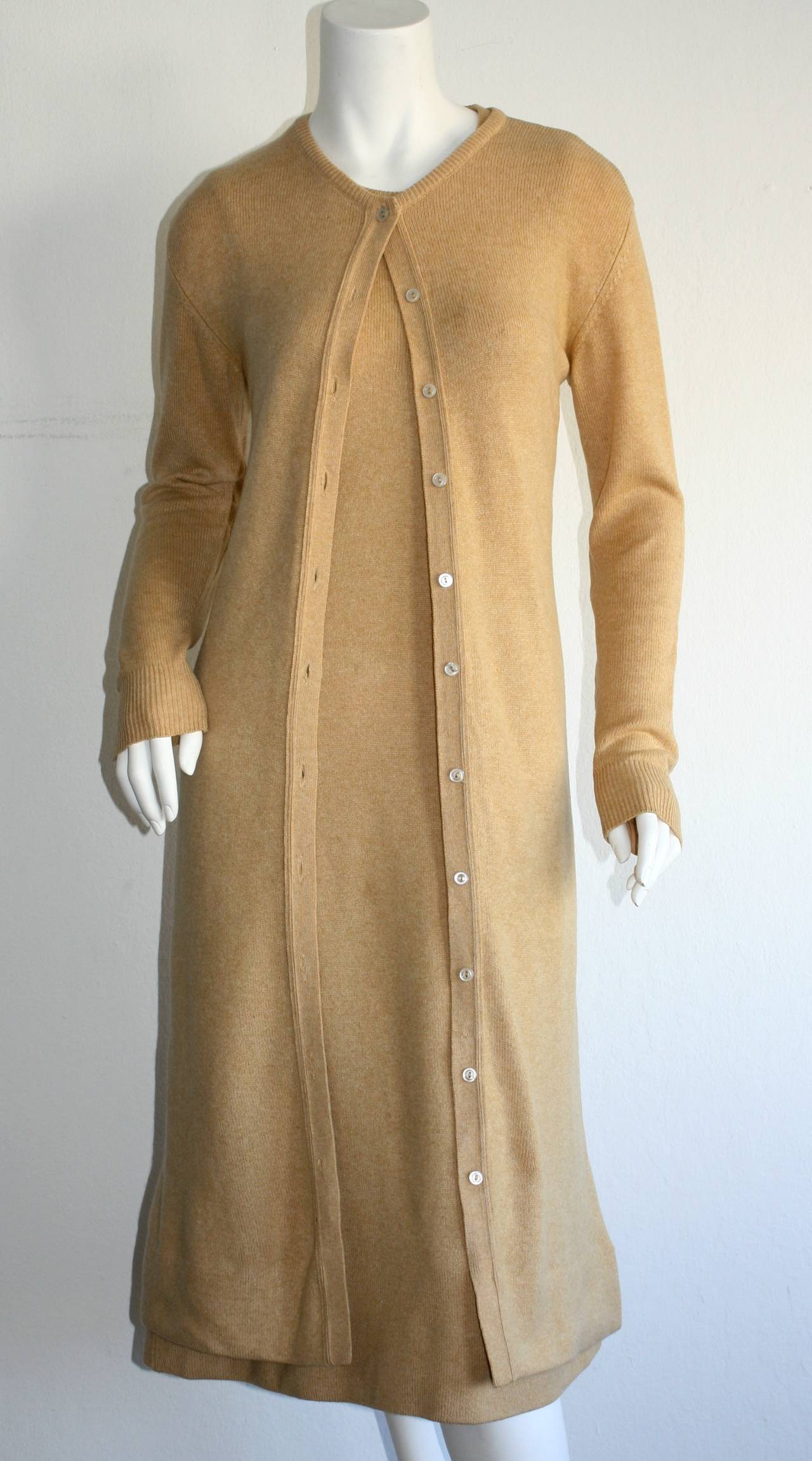 Classic vintage Halston cashmere dress and cardigan ensemble! Beautiful camel color, that is extremely versatile. This cashmere ensemble is so soft, one would be so lucky to sleep in it! Perfect as separates, but equally impressive together.