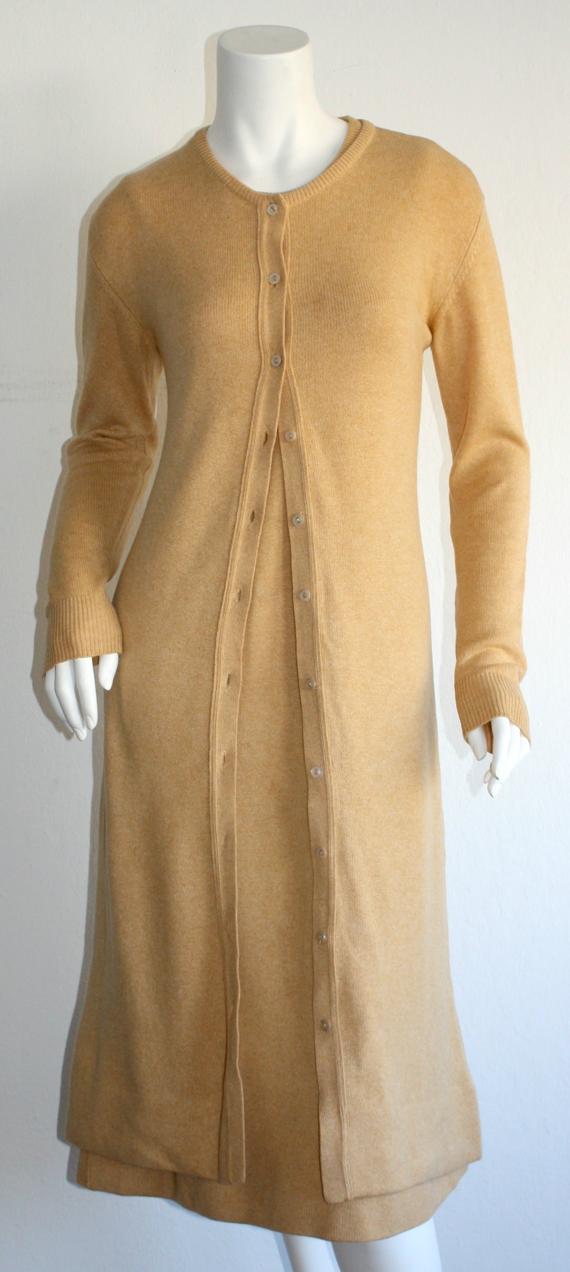 Vintage Halston Camel 2- Ply Cashmere Dress & Cardigan Ensemble In Excellent Condition In San Diego, CA