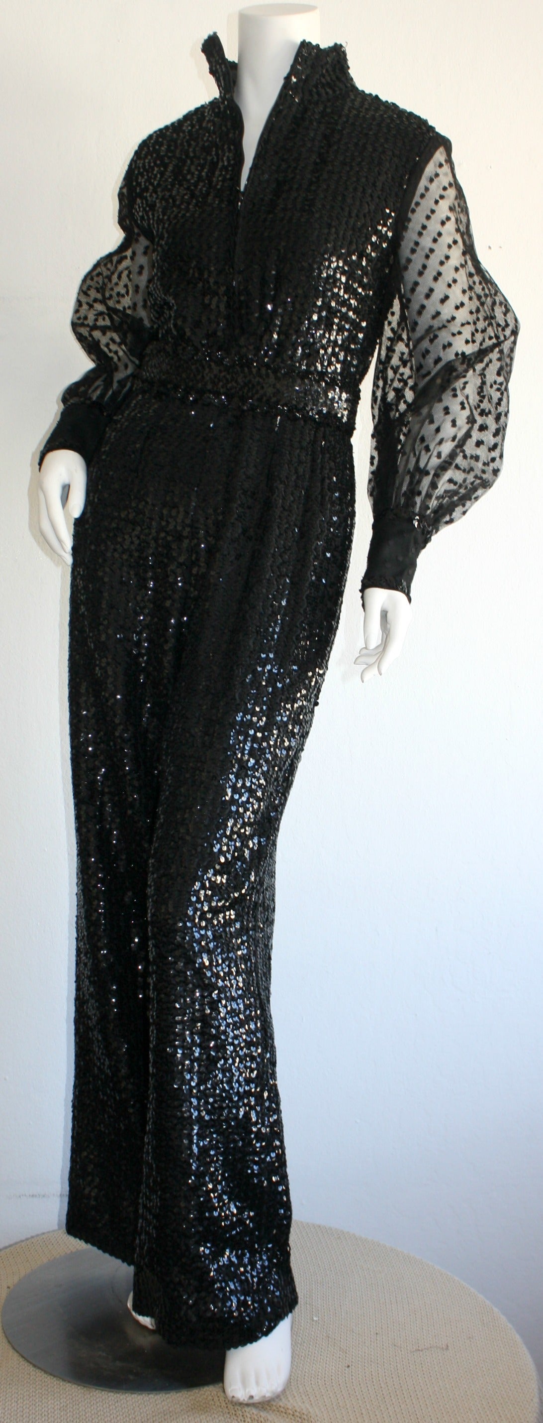Rare 1970s Vintage Oscar de la Renta Black Sequin Belted Jumpsuit In Excellent Condition In San Diego, CA