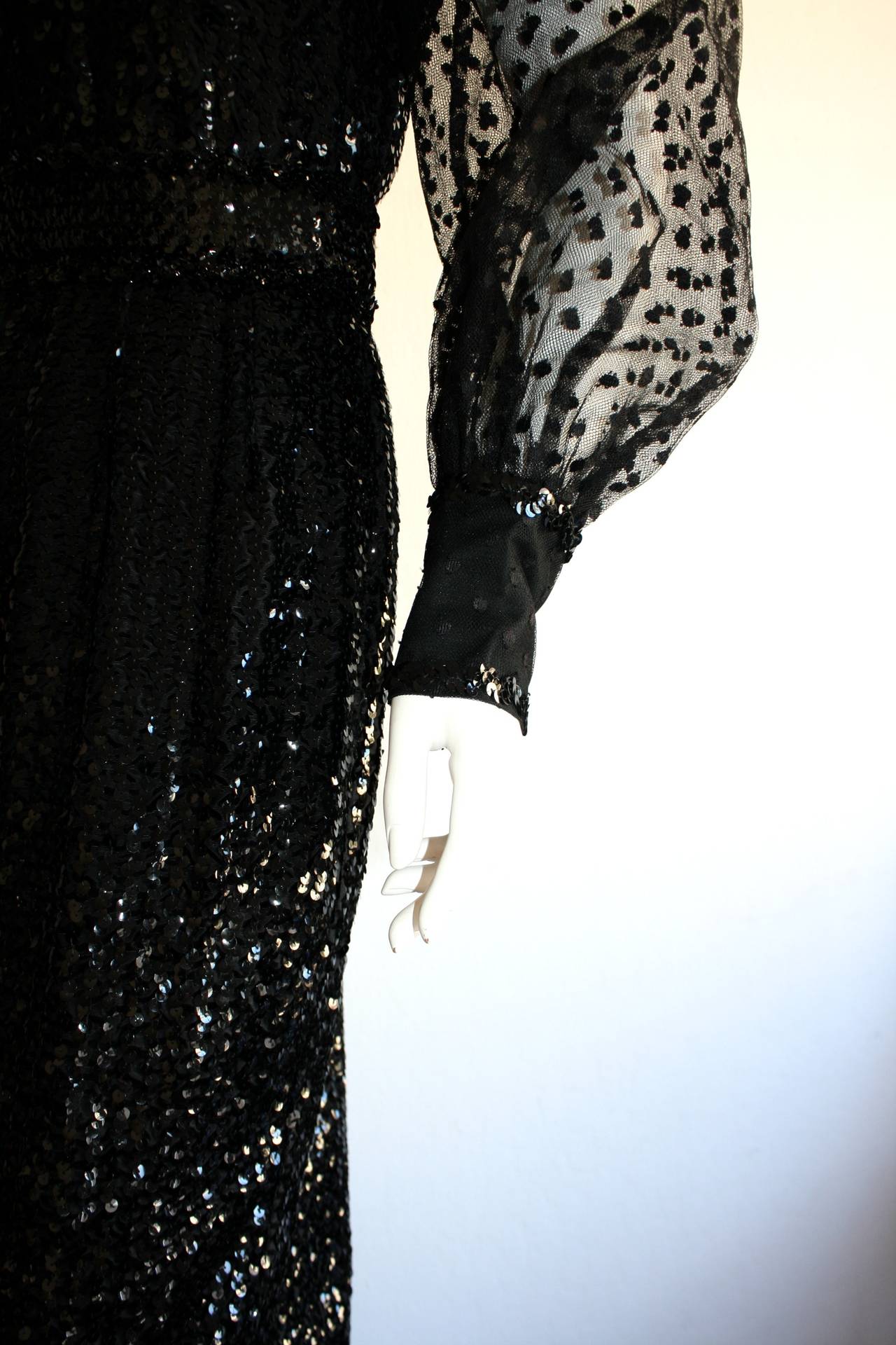 Women's Rare 1970s Vintage Oscar de la Renta Black Sequin Belted Jumpsuit