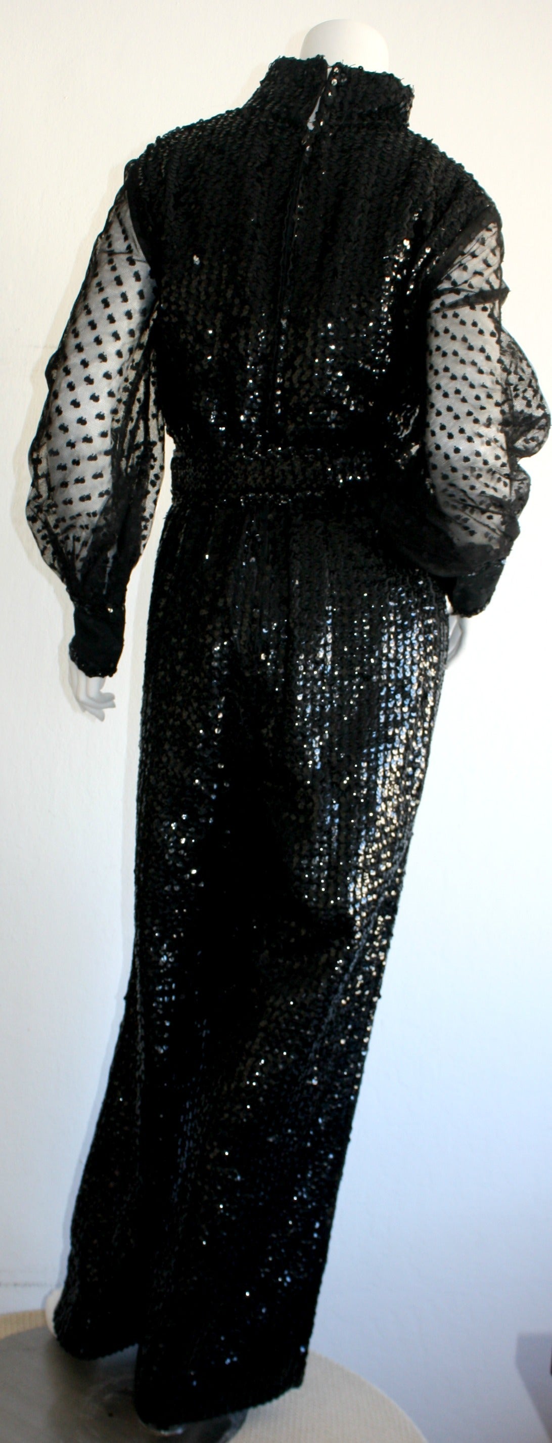 Rare 1970s Vintage Oscar de la Renta Black Sequin Belted Jumpsuit 1