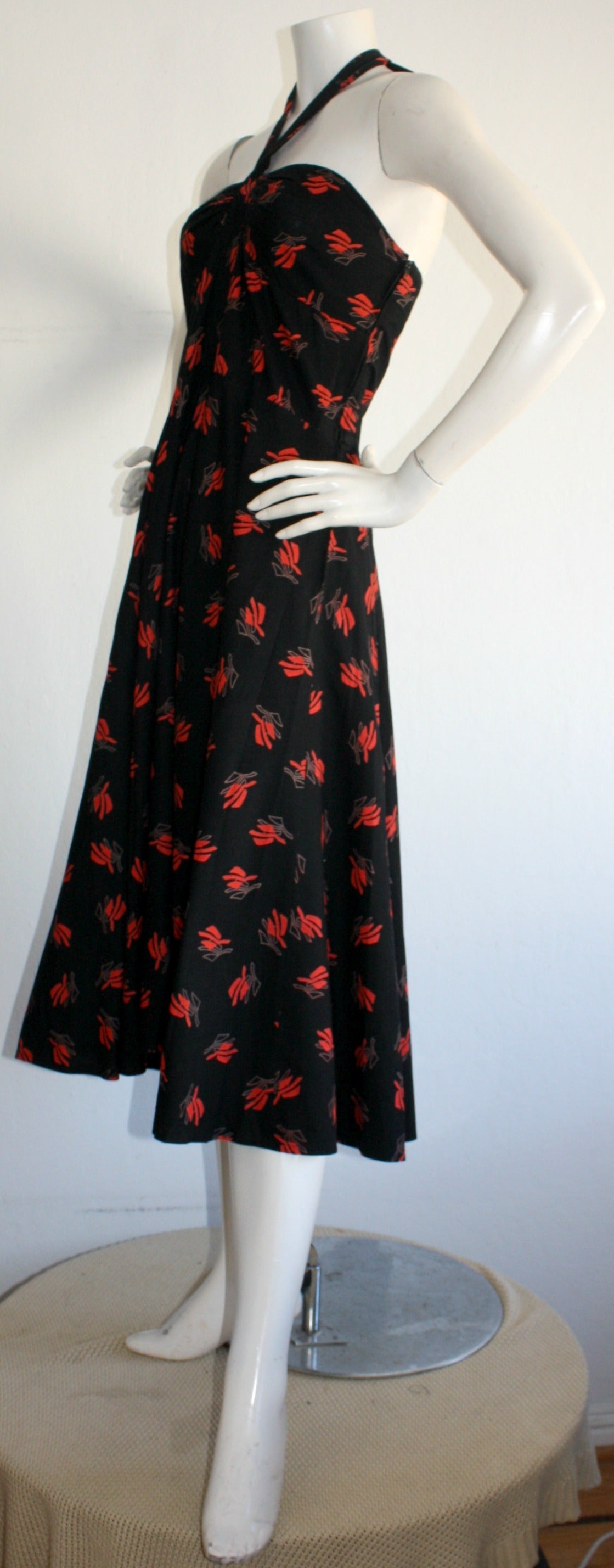 Vintage Guy Laroche Black & Red Cotton Halter Sun Dress w/ Oriental Theme 2