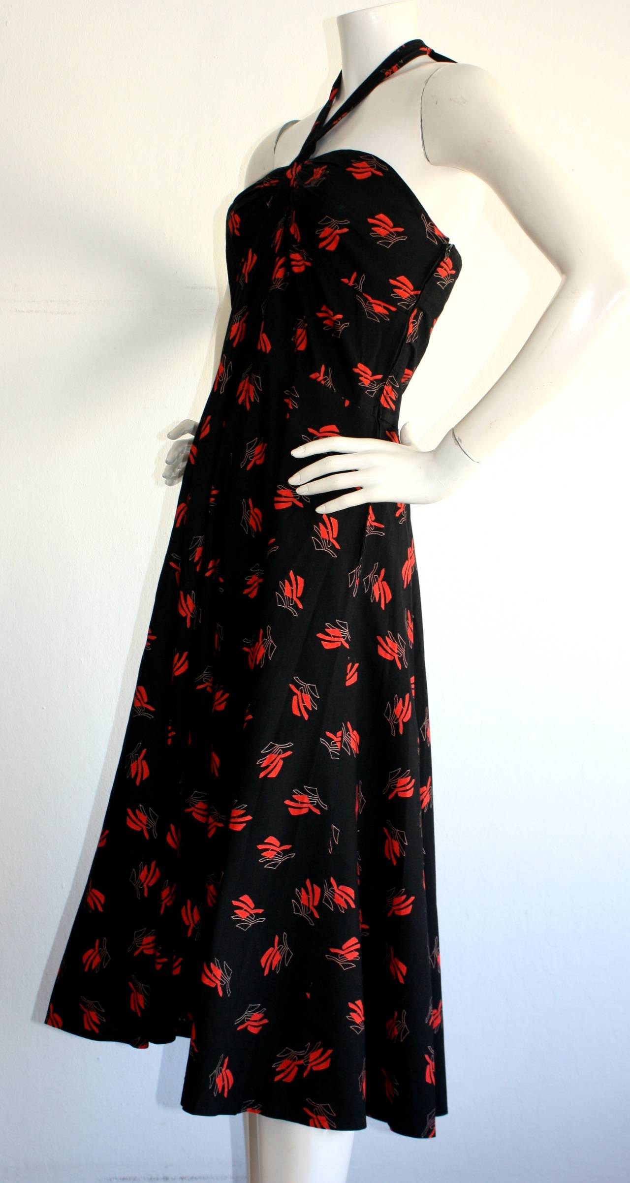 Vintage Guy Laroche Black & Red Cotton Halter Sun Dress w/ Oriental Theme 1