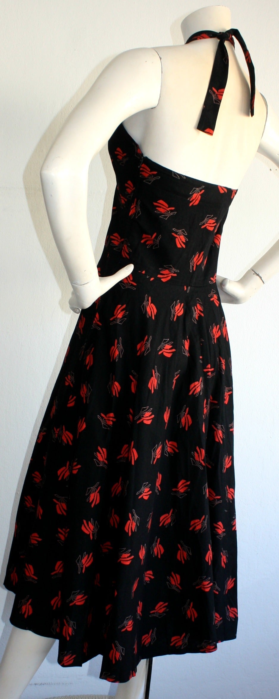 Women's Vintage Guy Laroche Black & Red Cotton Halter Sun Dress w/ Oriental Theme