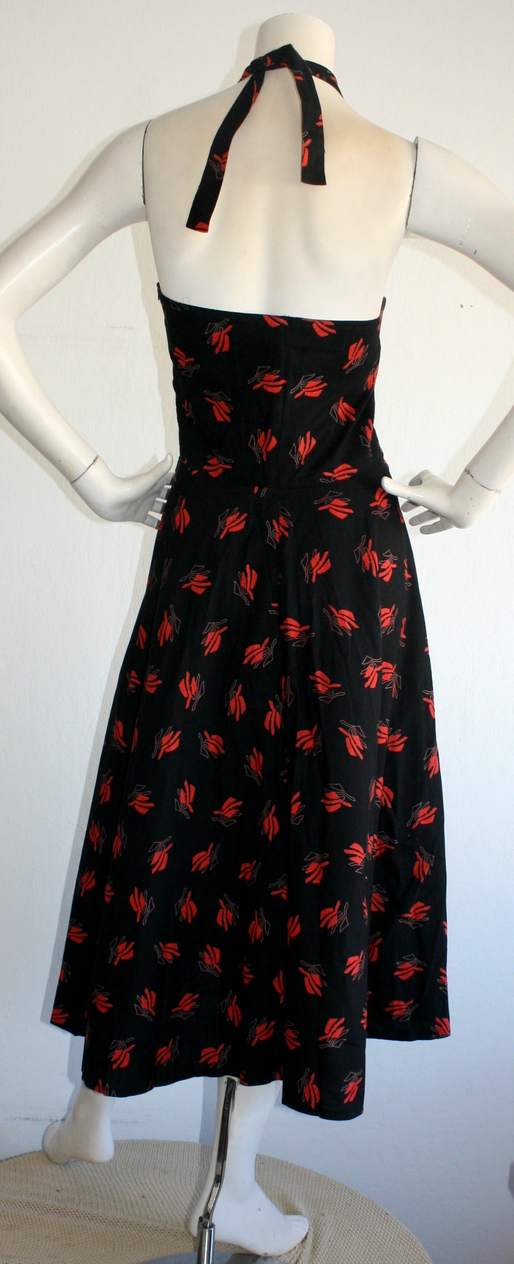 Vintage Guy Laroche Black & Red Cotton Halter Sun Dress w/ Oriental Theme 3