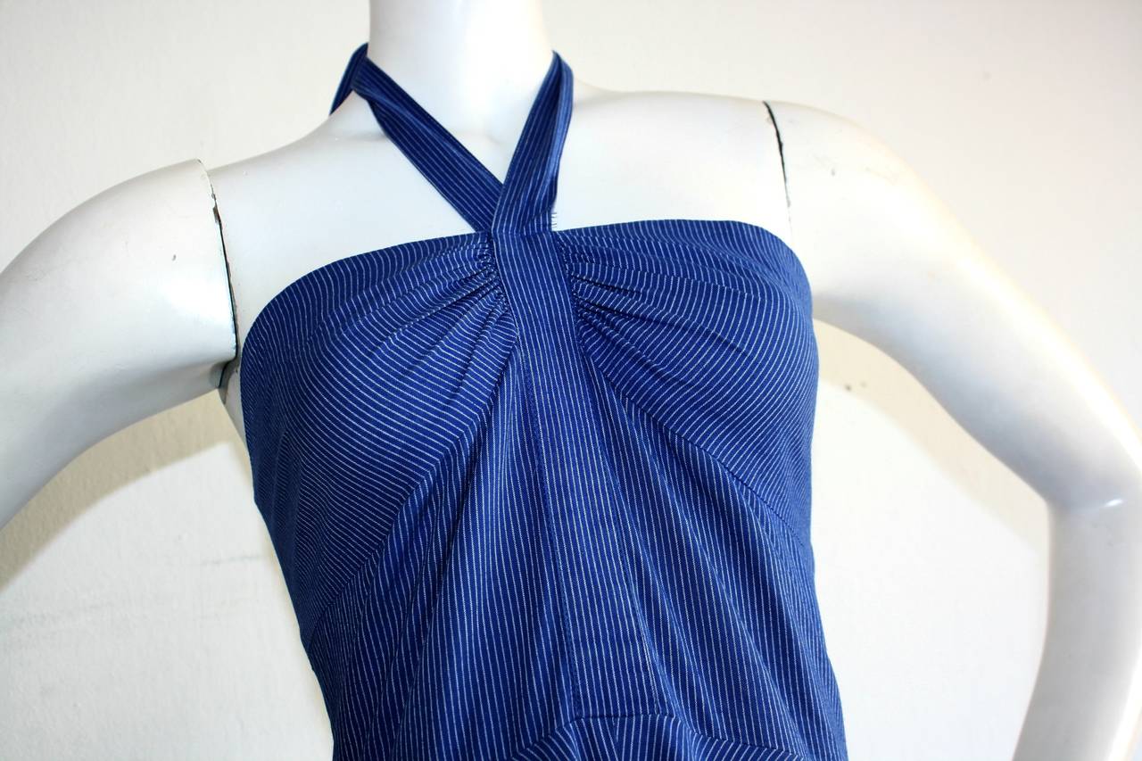 Super chic vintage Guy Laroche cotton halter dress! Vibrant blue color, with thin faint white stripes (in chevron print). Ruching on bodice adds just the right amount of detail! Full skirt, which can easily accommodate a crinoline/petticoat. Halter