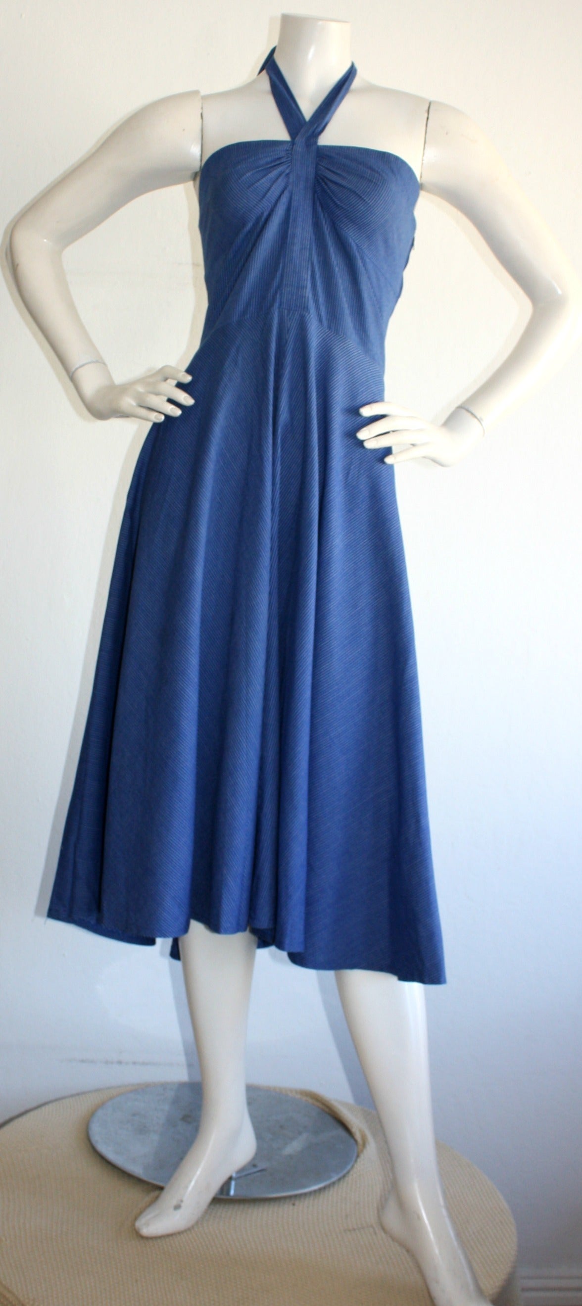 Vestido de sol rockabilly vintage Guy Laroche de rayas azules de algodón Halter Púrpura en venta