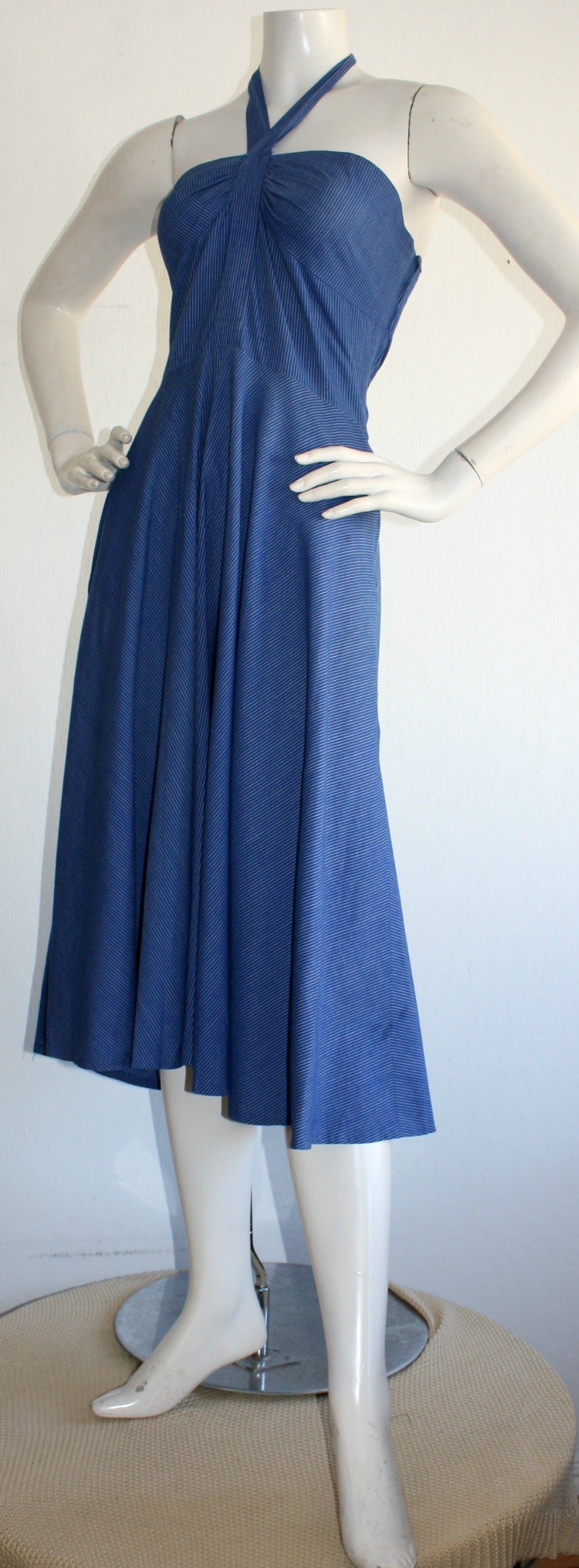 De las mujeres Vestido de sol rockabilly vintage Guy Laroche de rayas azules de algodón Halter en venta