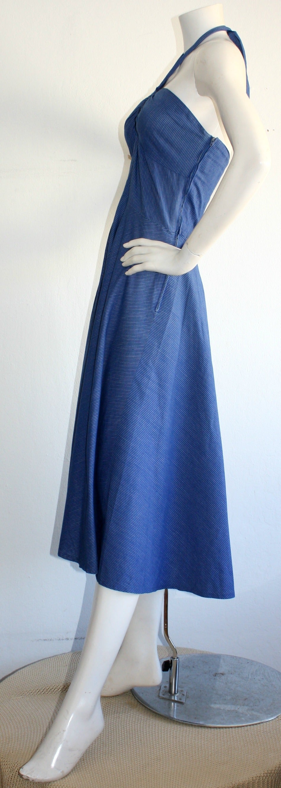 Vintage Guy Laroche Blue Striped Cotton Halter Rockabilly Sun Dress In Excellent Condition For Sale In San Diego, CA