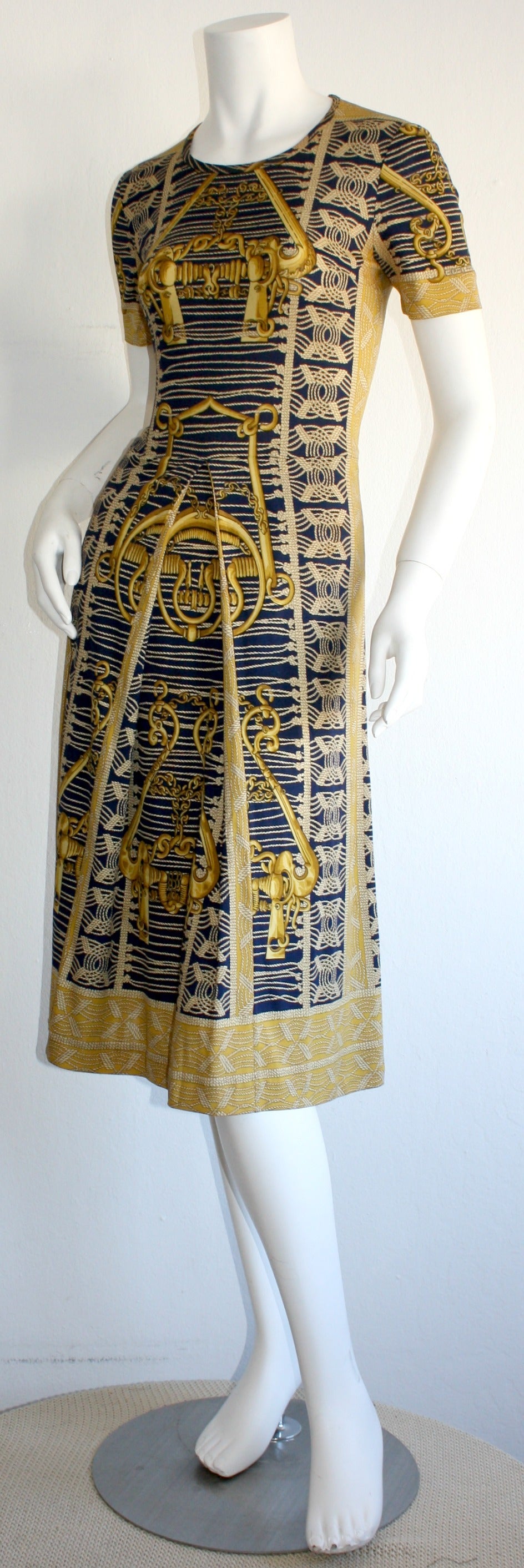 Women's Rare 1970s Vintage Hermes Blue & Gold Silk Jersey Dress