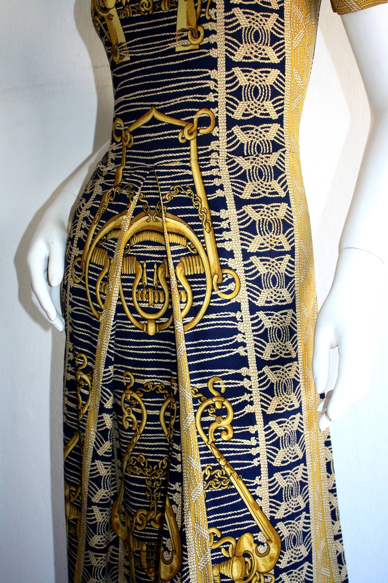 Rare 1970s Vintage Hermes Blue & Gold Silk Jersey Dress 1