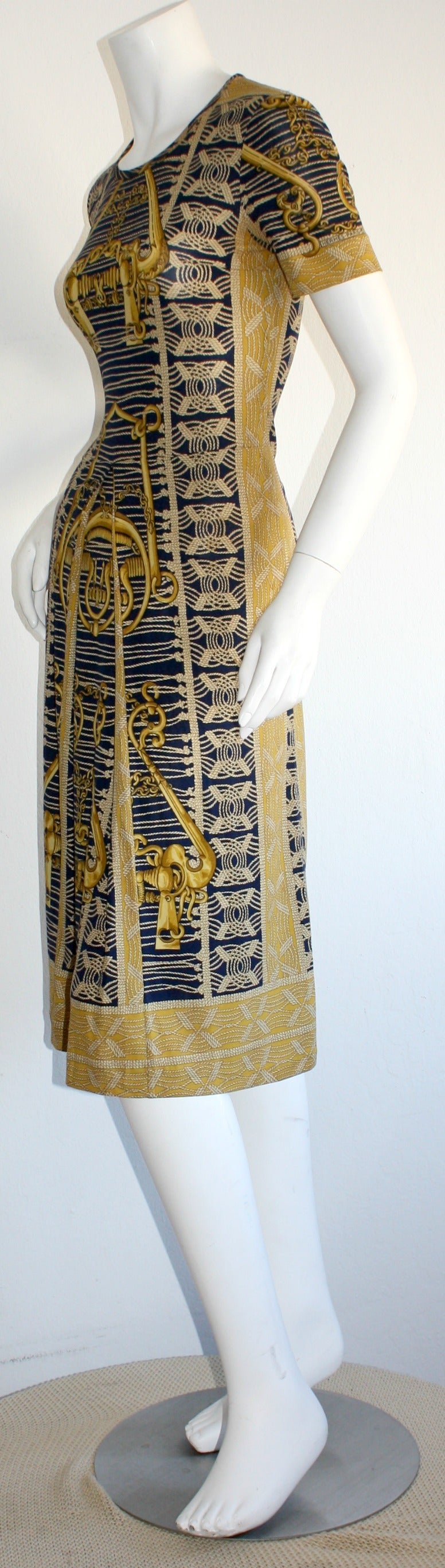 Rare 1970s Vintage Hermes Blue & Gold Silk Jersey Dress 2