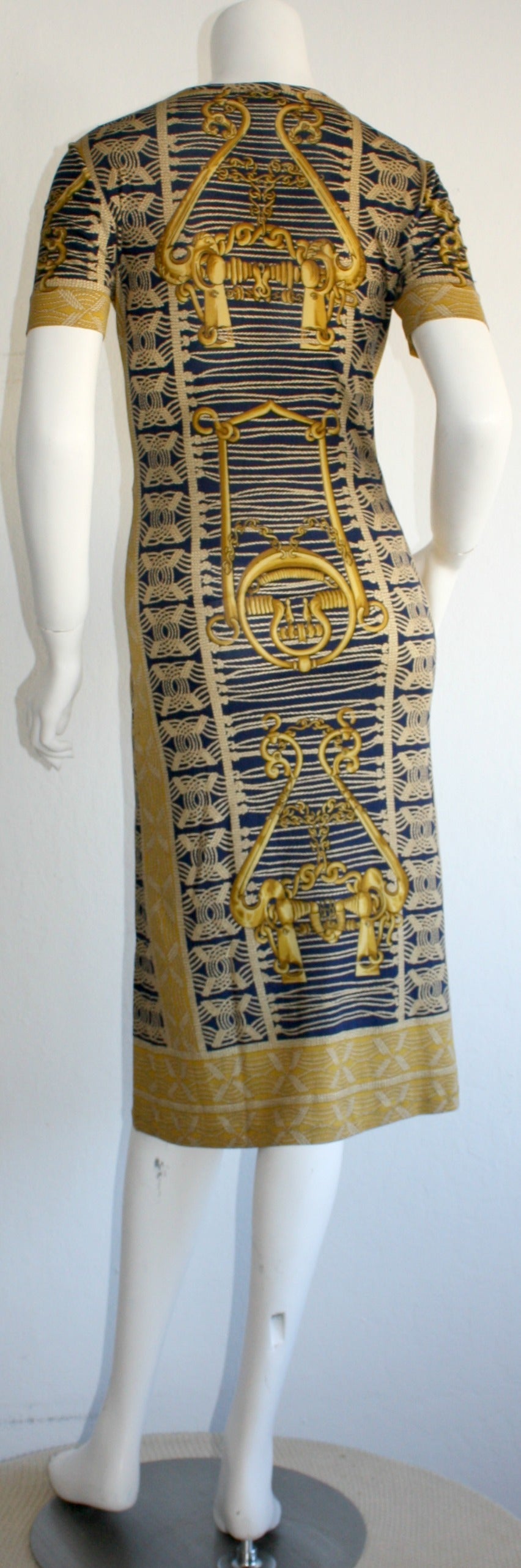 Rare 1970s Vintage Hermes Blue & Gold Silk Jersey Dress 3