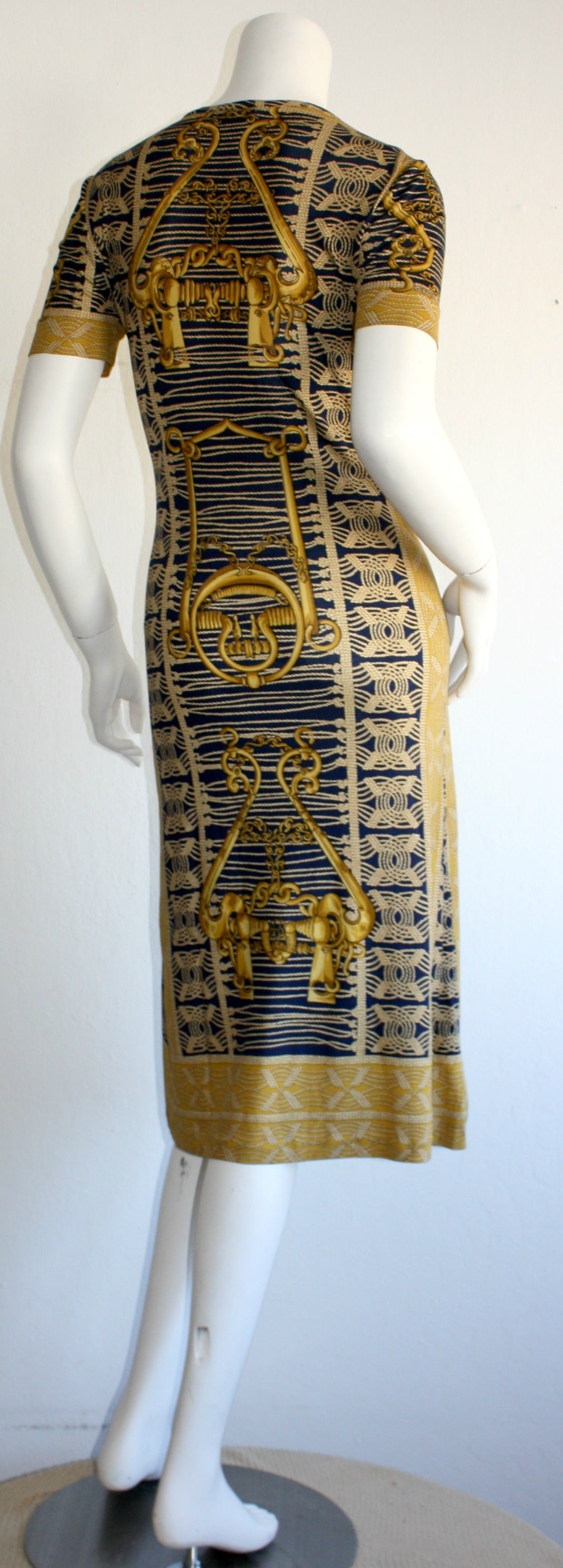 Rare 1970s Vintage Hermes Blue & Gold Silk Jersey Dress In Excellent Condition In San Diego, CA