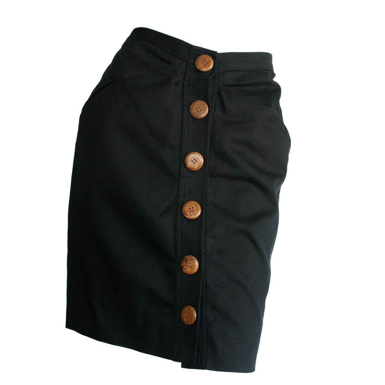 Chic Vintage Yves Saint Laurent " Rive Gauche " Black Mini Skirt w/ Wood Buttons