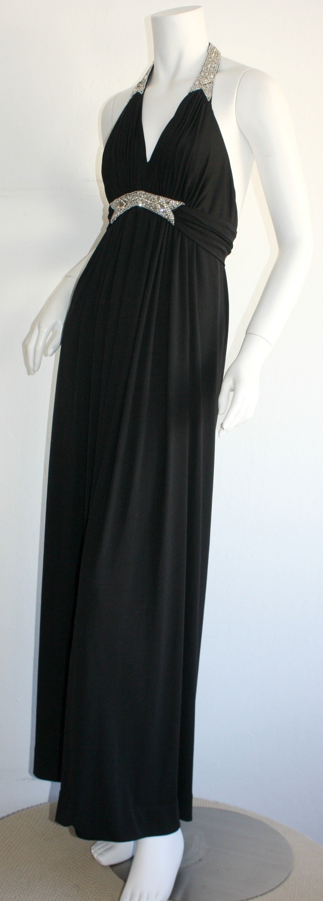 Stunning 1970s Vintage Victoria Royal Black Halter Diamanté Jersey Dress For Sale 3