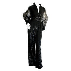 Rare 1970s Vintage Oscar de la Renta Black Sequin Belted Jumpsuit