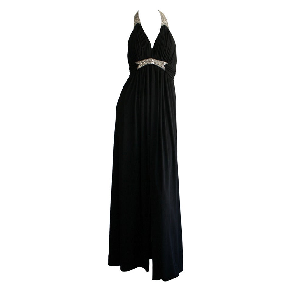 Stunning 1970s Vintage Victoria Royal Black Halter Diamanté Jersey Dress For Sale