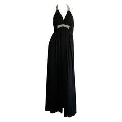Stunning 1970s Retro Victoria Royal Black Halter Diamanté Jersey Dress