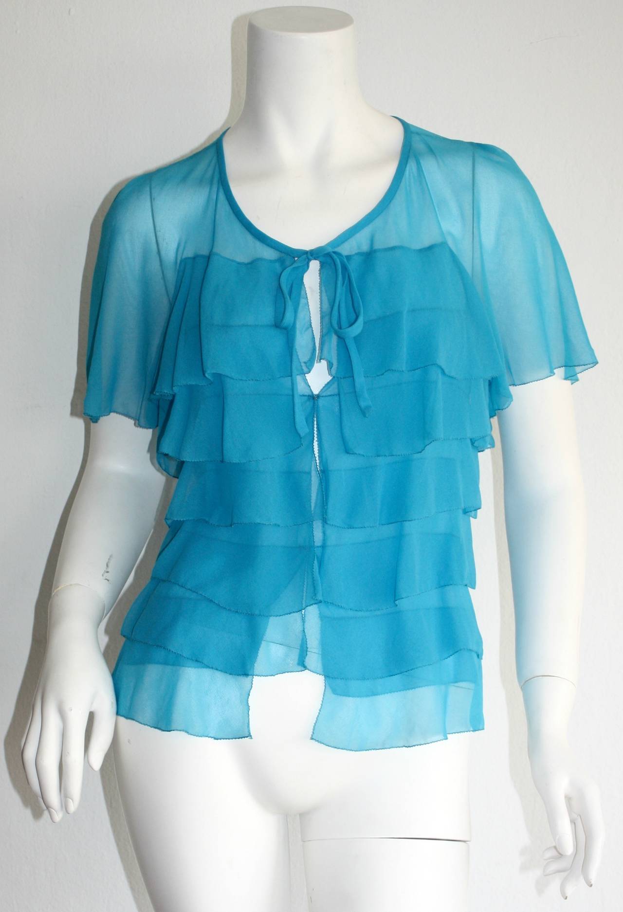 Vintage Holly's Harp Blue Silk Chiffon Tiered Ruffle Bow Blouse